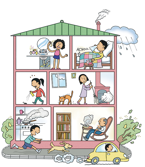 Cross section of house showing common asthma triggers.