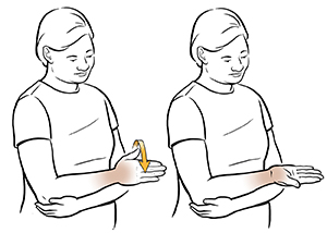 Una mujer hace un ejercicio de supinación de la muñeca.
